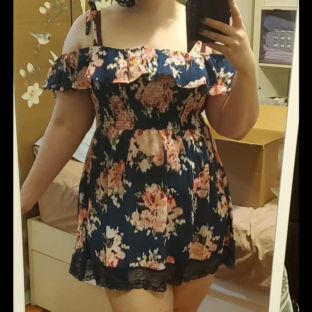 🆕️👗🩱BLUE FLORAL RUFFLE LACE TRIM SWIM COVERUP DRESS🩱👗 - Picture 6 of 7